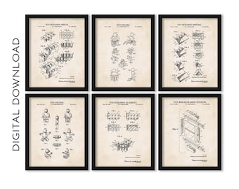 Bundel speelgoedbaksteen: patentmuurkunst | 6 prints, meerdere maten | Vintage achtergrond | DIGITALE DOWNLOAD