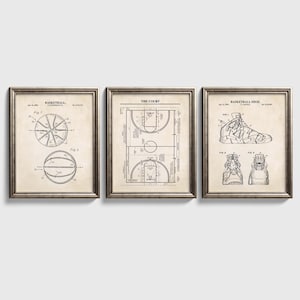 Retro Basketball Patent Wall Art Set | Basketball, Shoe & Basketball Court Patent Prints | Basketball Wall Decor | Set of 3 Physical Prints