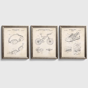 Retro Triathlon Patent Wall Art Set | Swim Goggles, Aero Bicycle and Running Shoe Patent Prints | Set of 3 Physical Prints