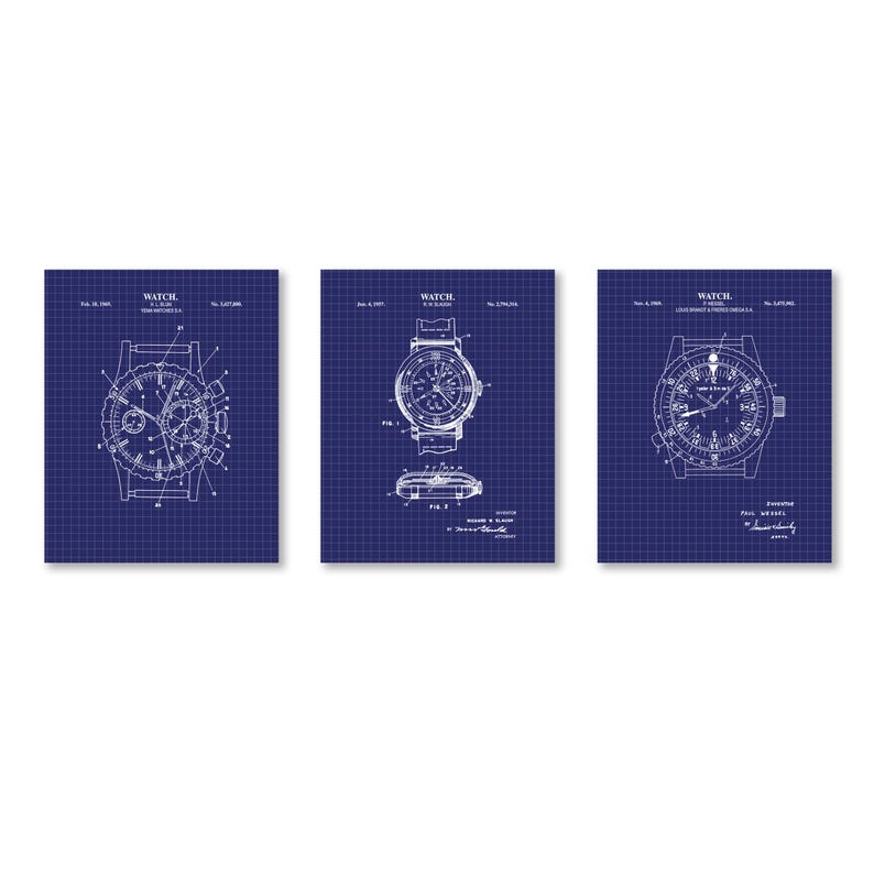 Vintage Watch Patent Wall Art | Set of 3 | Ready to Frame Prints Blueprint