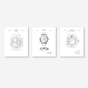 Vintage Watch Patent Wall Art | Set of 3 | Ready to Frame Prints Classic White