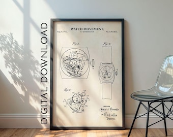 Watch Movement Patent Art | Vintage Watchmaker Wall Decor | Masculine Office | DIGITAL DOWNLOAD | #1215V