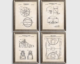 Basketball Patent Wall Art Set | Basketball, Basketball Hoop, Basketball Court and Shoe Patents | Ready to Frame Set of 4 Physical Prints