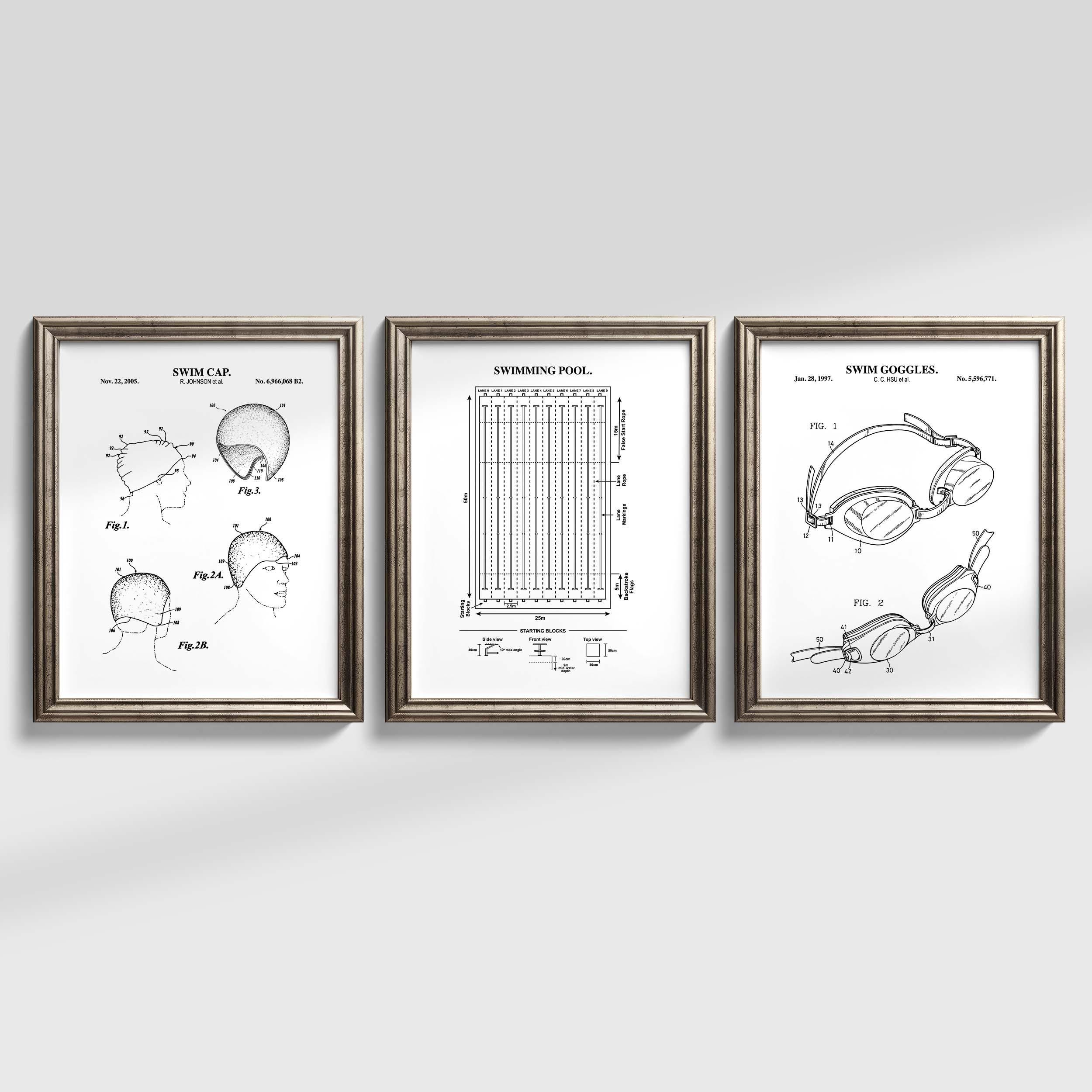 Swimming Wall Art Set | Swimming Pool Diagram, Goggles, Swim Cap Patent Prints | Gift for Swimmer| Set of 3 Physical Prints