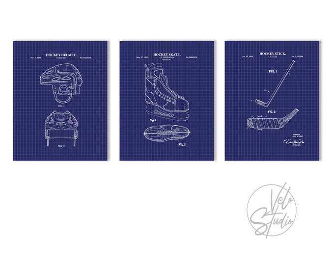 Hockey Wall Art | Hockey Stick, Hockey Skate & Hockey Helmet Patent Prints |  Set of 3 Prints | Vintage Sports Blueprint Posters