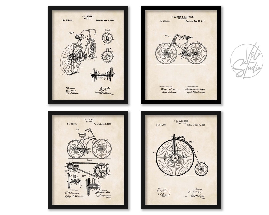 Vintage Bike Wall Art Set of 4 Prints Velocipede and Bicycle Patent