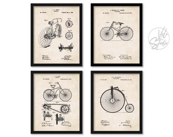 Vintage Bike Wall Art | Set of 4 Prints | Velocipede and Bicycle Patent Blueprint Art