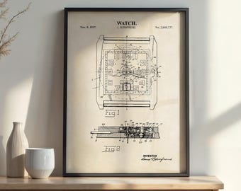 Patenttryck med klocka | Väggkonst med vintageklocka | DIGITAL NEDLADDNING | 1162V