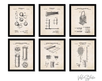 Tennis Patent Print Set | 6 Unframed Art Prints | Vintage Tennis Wall Art | Retro Tennis Gallery Wall Set