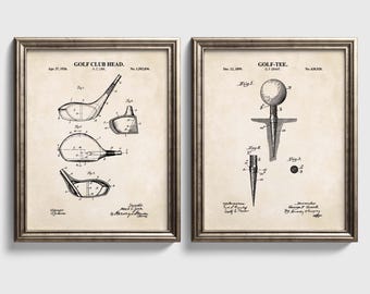 Golf Wall Art Set | Tee & Club Head Patent Prints | Ready to Frame Prints