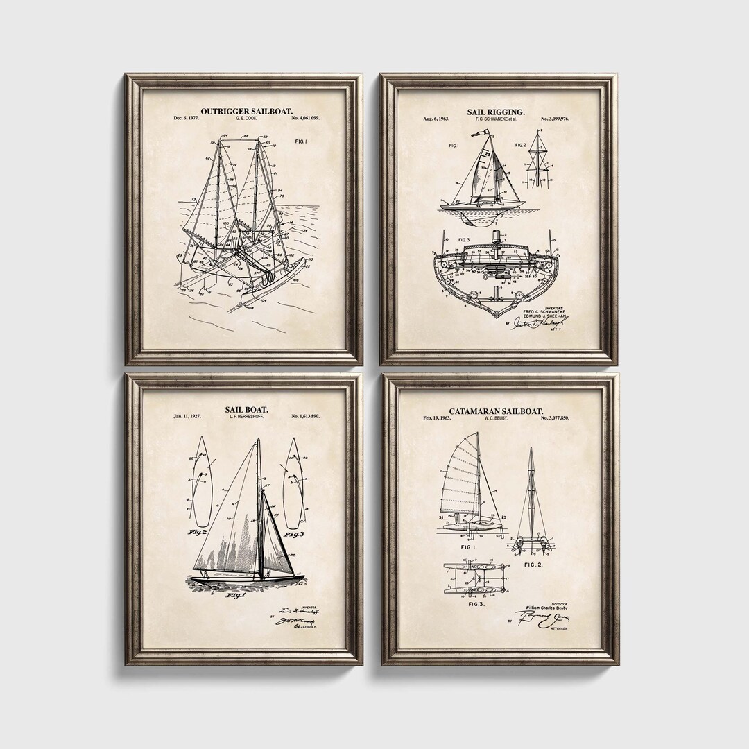 Vintage Sailing Patent Prints | Coastal Beach House Set of 4 | Ready to ...