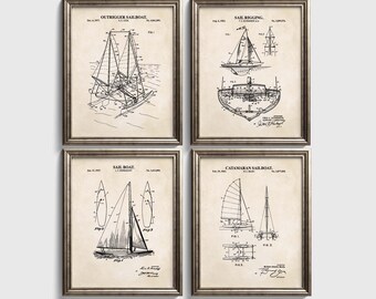 Vintage Sailing Patent Prints | Coastal Grandmother Wall Art | Beach House Decor | Lake House Print Set | Set of 4 Unframed Physical Prints