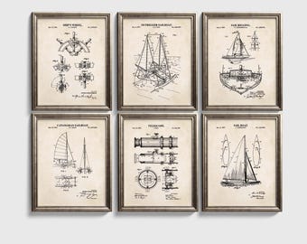 Vintage Coastal Wall Art | Nautical Patent Print Wall Decor | Beach House Decor | Coastal Granddaughter Art | Set of 6 Physical Prints