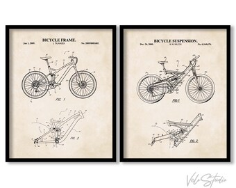 Mountain Bike Wall Art | Set of 2 Prints | Bicycle Frame and Bicycle Suspension Patent Prints | Mountain Biking Decor