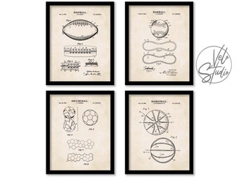 Baseball, Football, Basketball, Soccer Ball Patent Set | 4 Unframed Prints | Classic Sports Blueprint Wall Art | Vintage Patent Art