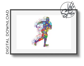 Joueur de rugby Aquarelle Splash Wall Art Print | Téléchargement numérique | Affiche de rugby | Art imprimable de grande taille