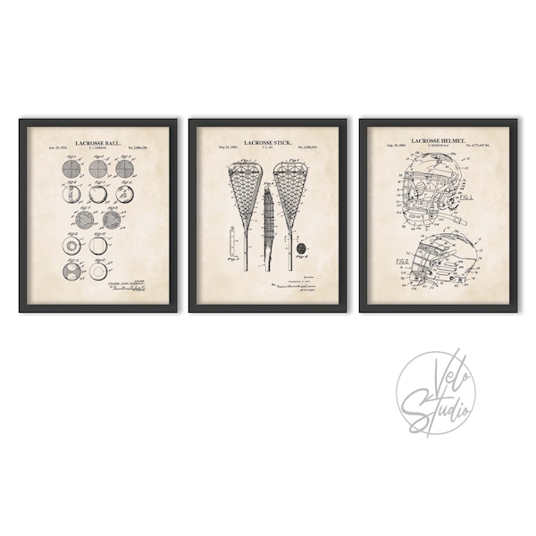 Lacrosse Patent Wall Art Set | Lacrosse Ball, Lacrosse Stick and Lacrosse Helmet Patent Prints | Set of 3 Prints | Lacrosse Player Gift