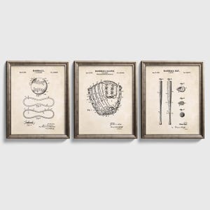 Vintage Baseball Patent Wall Art Set | Baseball Bat, Baseball and Baseball Glove Patent Prints | Set of 3 Physical Prints