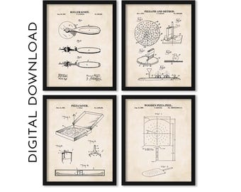 Pizza Wall Art / Set di 4 stampe / Stampe brevettate di Pizza Saver, Pizza Pie, Roller Knife e Pizza Peel / DOWNLOAD DIGITALE STAMPABILE