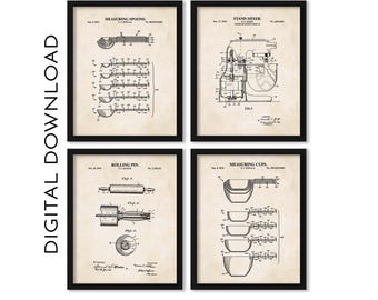 Arte murale da cucina vintage / Stampe di brevetti di mattarello, tazze di misurazione, cucchiai di misurazione e impastatrice / DOWNLOAD DIGITALE STAMPABILE