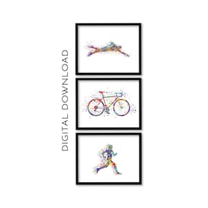 Swim, Bike, Run Triathlon Prints | Watercolor Wall Art Set of 3 Prints | PRINTABLE DIGITAL DOWNLOAD
