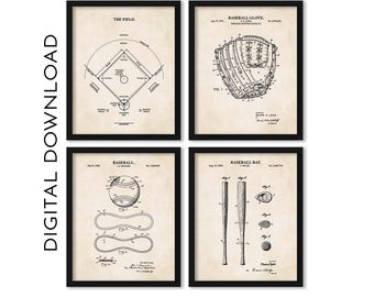 Baseball Patent Print Wall Art | Baseball Field Diagram, Baseball Bat, Baseball Glove & Baseball Prints |Vintage PRINTABLE DIGITAL DOWNLOAD