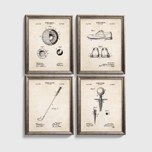 Vintage Golf Patent Wall Art Set  |  Golf Ball, Golf Club, Golf Tee and Golf Shoe Patent Prints | Ready to Frame Set of 4 Physical Prints