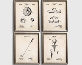 Golf Patent Wall Art Set  |  Ball, Club, Tee and Shoe | Ready to Frame Prints