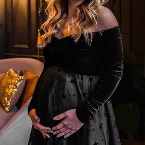 Velvet Maternity Dresses Tulle Pregnant Women Black Long Sleeve Baby Shower Dress Sexy Off Shoudler Pregnancy Dress Photography