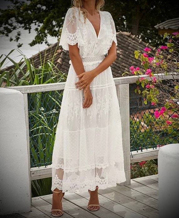 White Dress Sexy Women Long Lace Dress Cross Semi-Sheer Plunge V-Neck Short  Sleeve Lace Maxi Dress-K&B 2021