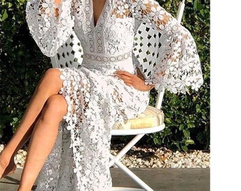 Sexy Deep-V Neck White Women Beach Dress Summer Hollow Out Flare Long Sleeve Sundress Elegant Fashion Holiday Party Vestidos