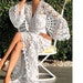 Sexy Deep-V Neck White Women Beach Dress Summer Hollow Out Flare Long Sleeve Sundress Elegant Fashion Holiday Party Vestidos 