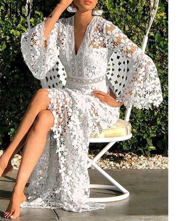 Sexy Deep-V Neck White Women Beach Dress Summer Hollow Out Flare Long Sleeve Sundress Elegant Fashion Holiday Party Vestidos 