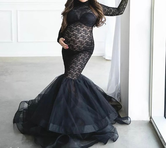 Black Lace Maternity Dress for Photo Shoot Pregnant Women Long