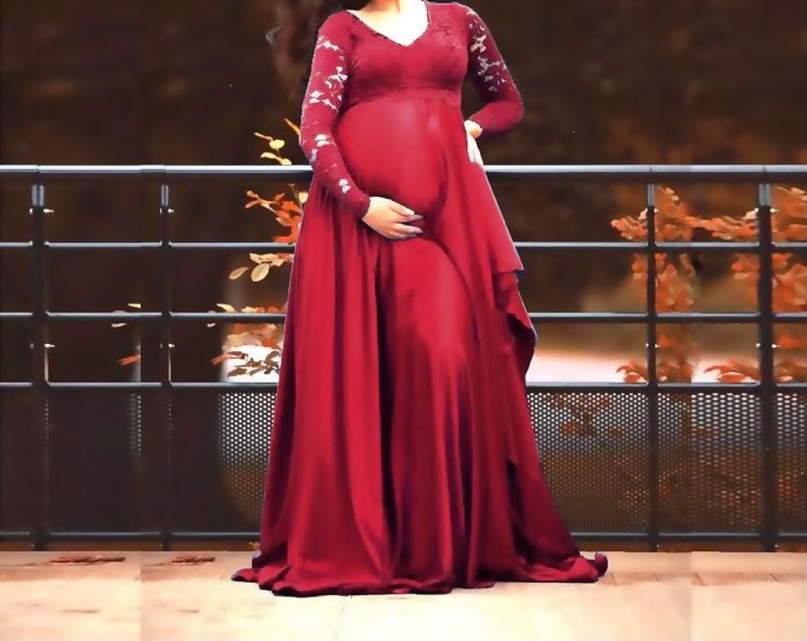 Maternity Baby Shower Dress Vneck Long Sleeves Lace Chiffon Etsy