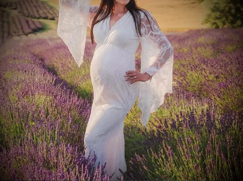 Maternity Dress Lace White Flared Sleeves Shoot Photo Props