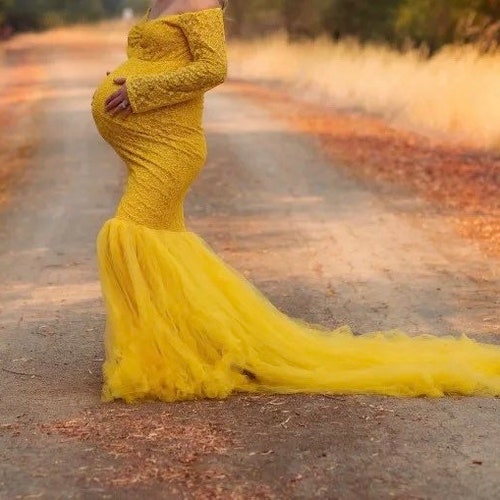 Long Sleeve Maternity Gown Lace Maxi 