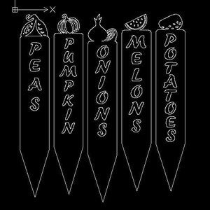 May include: Five garden plant markers with black and white illustrations of vegetables and the names of the vegetables: Peas, Pumpkin, Onions, Melons, Potatoes.