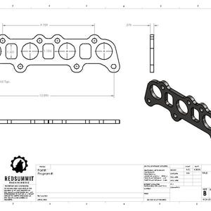 May include: A black metal exhaust manifold with six ports. The manifold is shown in a technical drawing with dimensions in inches.