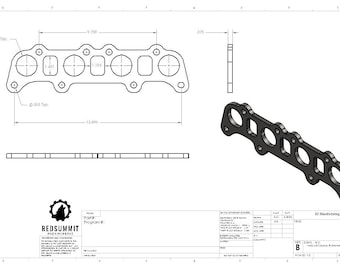 May include: A black metal exhaust manifold with six ports. The manifold is shown in a technical drawing with dimensions in inches.