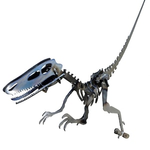 May include: A metal dinosaur skeleton sculpture. The sculpture is made of silver-colored metal and depicts a dinosaur in a walking pose. The head and tail are elongated, and the skeleton is detailed.