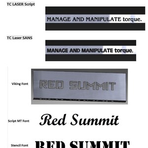 May include: A comparison of different fonts, including TC Laser Script, TC Laser Sans, Viking, Script MT, and Stencil. The text "MANAGE AND MANIPULATE torque." is shown in the first two fonts. The text "RED SUMMIT" is shown in the remaining three fonts.