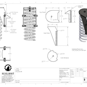 Puede incluir: Dibujo técnico de un componente mecánico, con un resorte, placas y dimensiones. El diseño incluye un resorte, una placa superior, una placa lateral y otras piezas, con medidas y especificaciones.