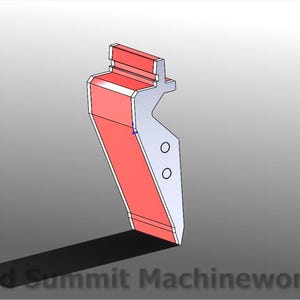 Puede incluir: Representación 3D de una pieza de máquina roja y blanca con una forma compleja. La pieza tiene una sección superior rectangular y un cuerpo cónico con dos agujeros circulares. El texto "Red Summit Machineworks" está en la parte inferior.