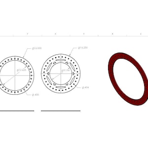Puede incluir: Dibujo técnico de dos objetos circulares con medidas y dos objetos ovalados rojos. Los objetos circulares tienen patrones punteados y ranurados. Los objetos ovalados son de color rojo sólido con un aspecto texturizado.