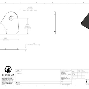 Puede incluir: Dibujo técnico de un soporte metálico con dimensiones en pulgadas. El soporte tiene forma triangular con un agujero circular y una base plana. El dibujo incluye vistas laterales y superiores, junto con un logotipo de RedSummit.