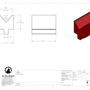以下が含まれることがあります： 金属成形ダイスの技術図面。正面図、側面図、および等角図があります。等角図ではダイスは赤色です。ダイスの幅、ツールの高さ、コーナー半径など、寸法はインチで示されています。図面にはRedSummitのロゴが含まれています。