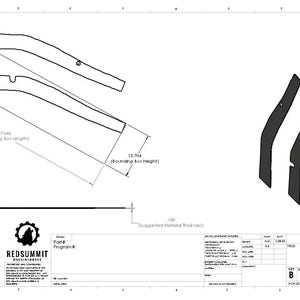 Könnte beinhalten: Technische Zeichnung von Autoteilen mit Maßangaben. Das Design umfasst zwei gebogene Komponenten und ein detailliertes Diagramm mit Messungen. Das "REDSUMMIT"-Logo ist sichtbar.