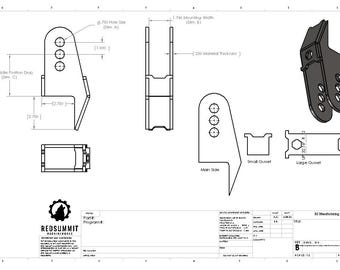 May include: A technical drawing of a metal bracket with dimensions and details. The bracket is designed for automotive applications and features multiple holes for mounting. The drawing includes a side view, a front view, and a close-up of the gusset.