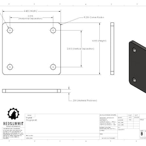 Pode incluir: Desenho técnico de uma placa de metal preta com quatro furos, dimensões em polegadas. A placa tem 11,33 cm de largura, 10,16 cm de altura e 0,64 cm de espessura. Inclui uma vista lateral e uma vista isométrica 3D.